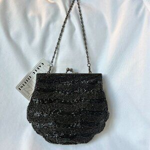 Carlo Fellini Black Formal Evening Bag Detailed Beadwork Clutch w  Chain NWT